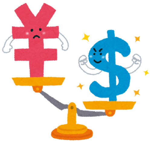 円の硬貨がしぼみ、ドルの硬貨がふくらんでいる円安ドル高のイラスト